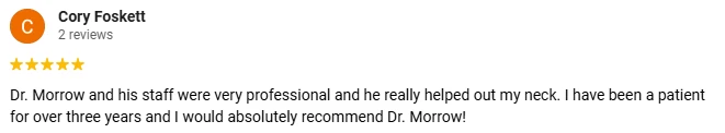 Chiropractic Brentwood CA Testimonials Cory F A 5-star Google review of Morrow Chiropractic praising the professional staff and doctor and excellent pain relief