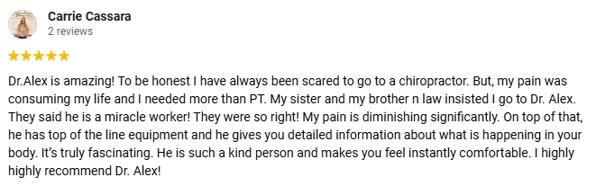 Chiropractic Concord CA Testimonial Carrie C A 5-Star Google review for Morrow Chiropractic praising Dr. Morrow's kindness, quality care, and expert education